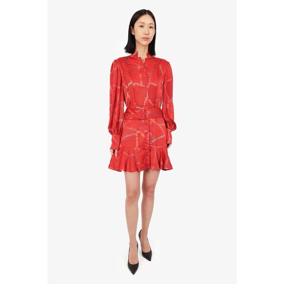 Alexis Lishan Red Fire Print Tie Neck Puff Sleeve Ruffle Hem Mini Dress XS - Picture 8 of 8